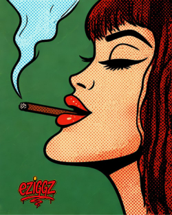 Bold pop-art woman smoking a cigar on a green background, ezIggz logo