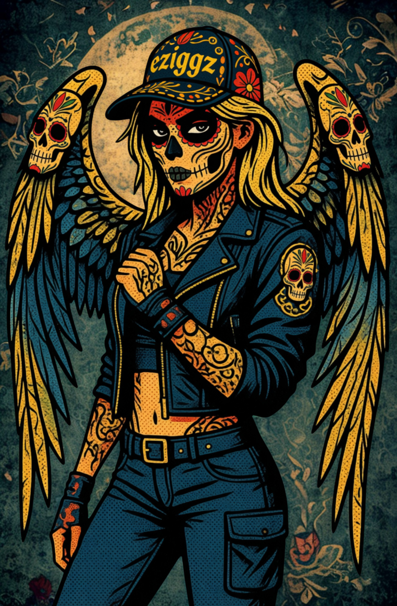 Sugar skull woman with golden wings in a leather jacket and ezIggz snapback, Día De Los Muertos pop-art style
