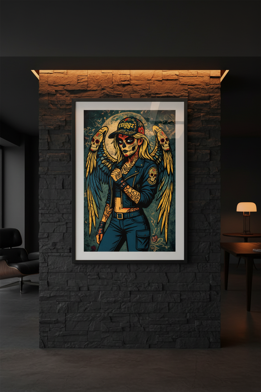 Fallen Angel print on a dark slate wall with amber accent lighting