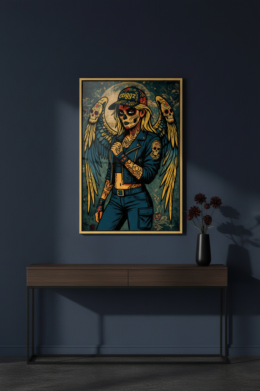 Fallen Angel print on a deep navy wall with dramatic lighting
