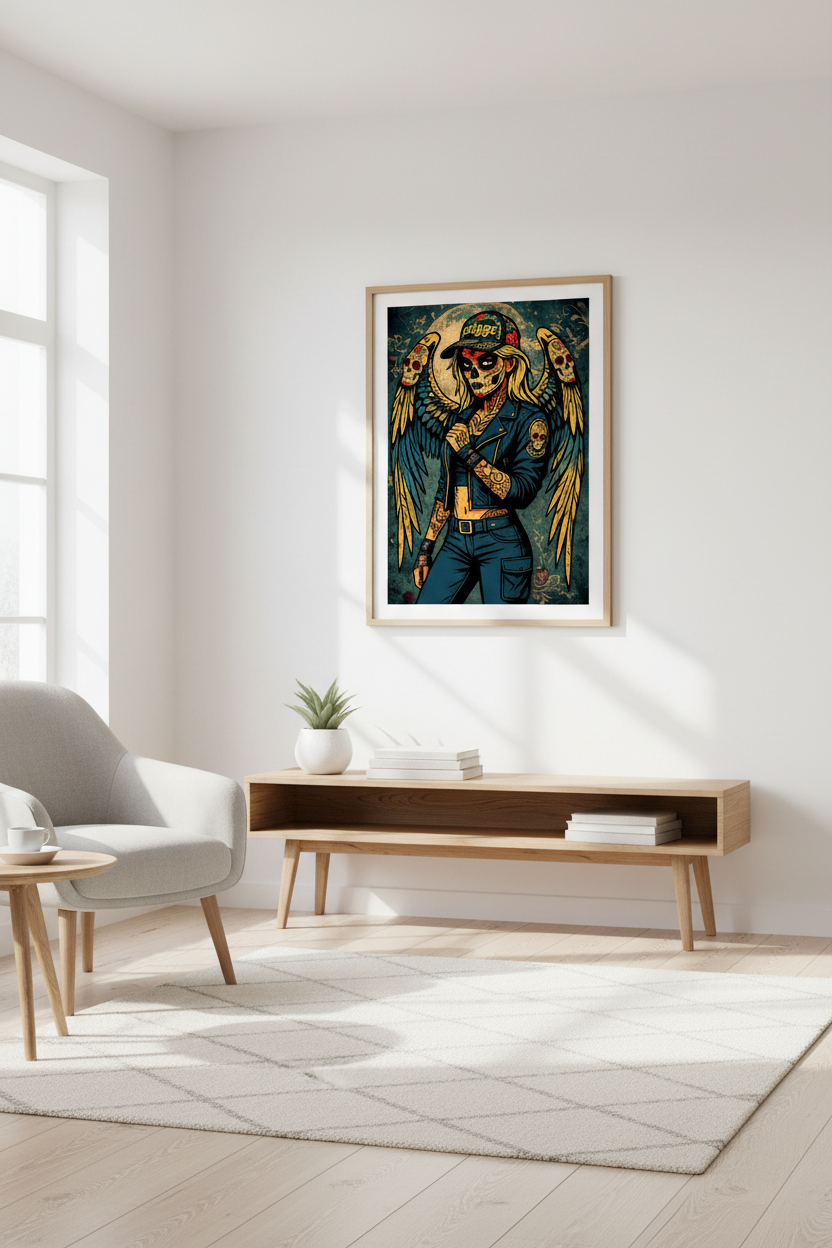 Fallen Angel print in a bright Scandinavian living room