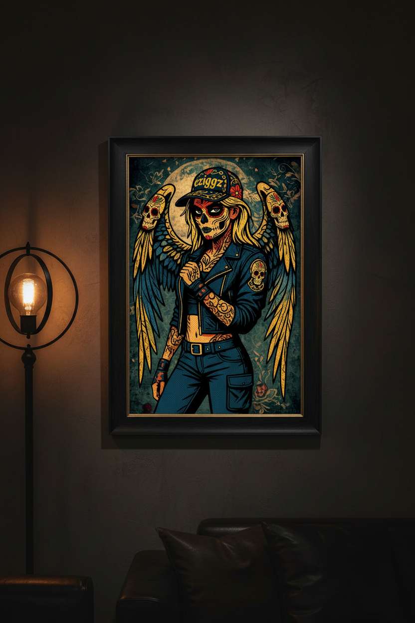 Fallen Angel print on a dark charcoal wall with moody lighting