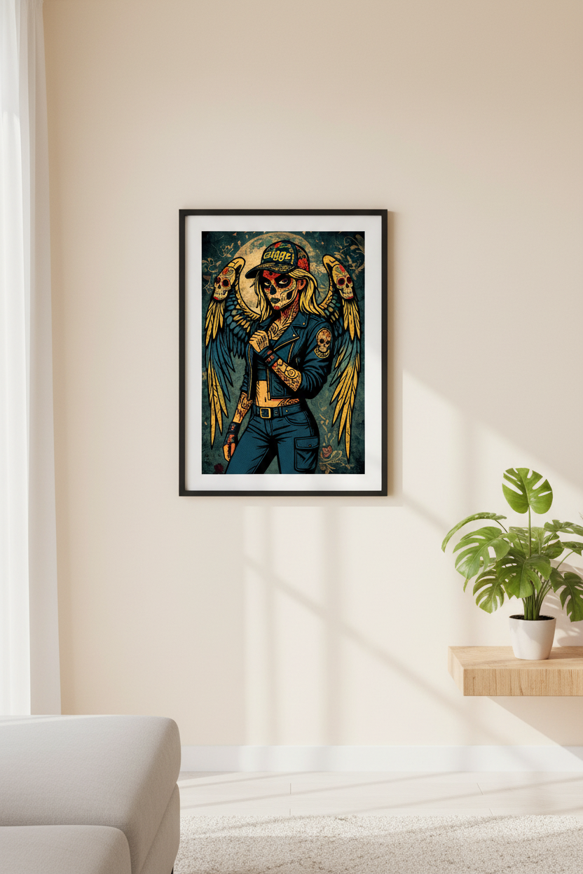 Fallen Angel print framed on a cream wall with plant